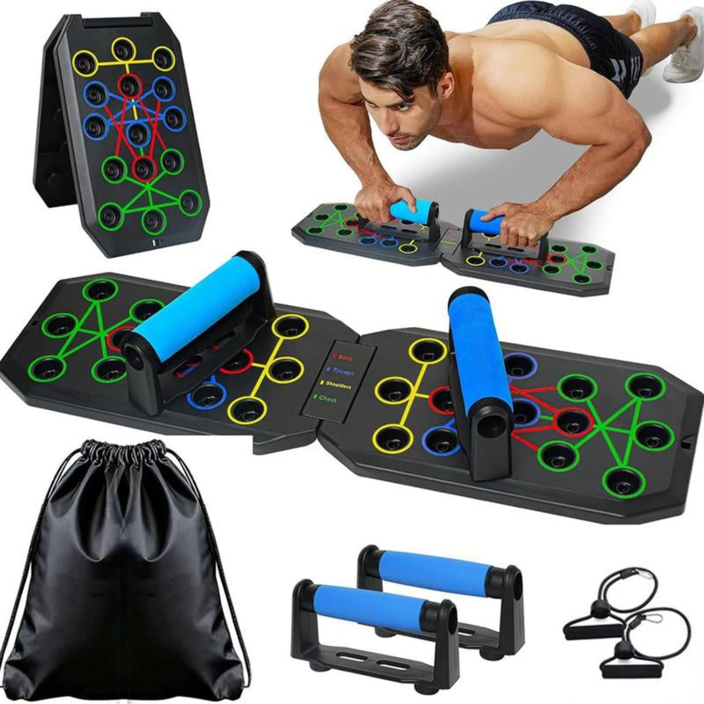 Enhanced Push-Up Board Fitness Kit with 28 Holes, Portable Home Exercise Equipment for Chest, Arms & Core, Includes Resistance Band & Upper Body Toner for Men & Women
